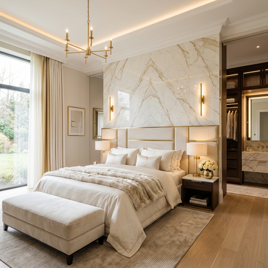 Luxury master bedroom with marble accent wall by Studio Bind Architects