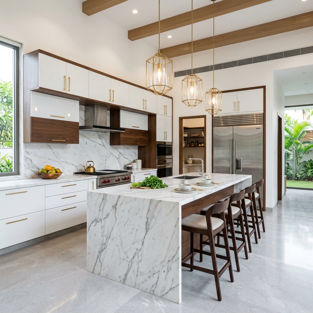 Modern luxury kitchen with marble island by Studio Bind Architects
